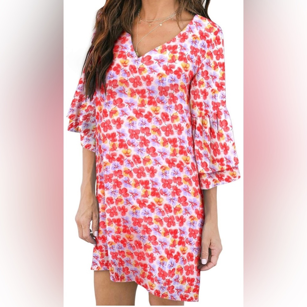 NWT Women's Summer V-neck boho bell sleeve Dress - Picture 2 of 7